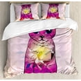 thumbnail image 1 of Cat Duvet Cover Set, Geometrc Digital Color Robot Cat with Technologic Patterns Little Retro Art, Decorative 3 Piece Bedding Set with 2 Pillow Shams, Queen Size, Pink Fuchsia, by Ambesonne, 1 of 3
