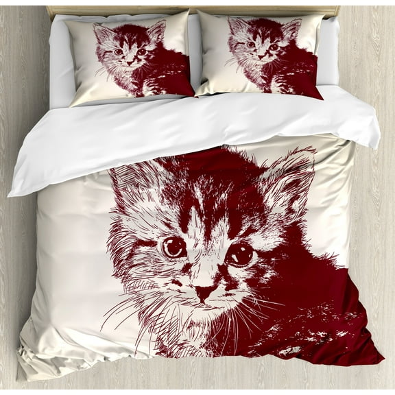 Cat Duvet Cover Set, Grunge Style Illustration of a Little Innocent Kitty on a Vintage Background, Decorative 3 Piece Bedding Set with 2 Pillow Shams, King Size, Maroon Cream, by Ambesonne
