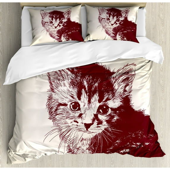 Cat Duvet Cover Set, Grunge Style Illustration of a Little Innocent Kitty on a Vintage Background, Decorative 3 Piece Bedding Set with 2 Pillow Shams, King Size, Maroon Cream, by Ambesonne