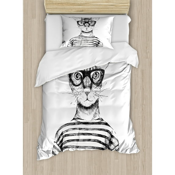 Cat Duvet Cover Set, Hand Drawn Dressed up Hipster New Age Cat Fashion Urban Free Art Print, Decorative 2 Piece Bedding Set with 1 Pillow Shams, Twin Size, Black White, by Ambesonne