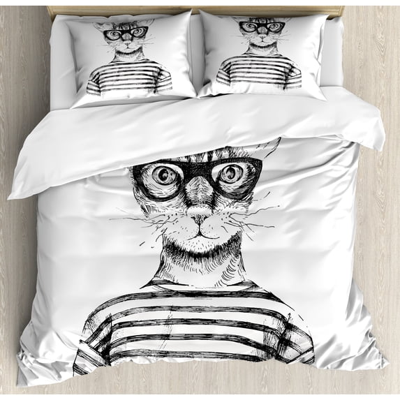 Cat Duvet Cover Set, Hand Drawn Dressed up Hipster New Age Cat Fashion Urban Free Art Print, Decorative 3 Piece Bedding Set with 2 Pillow Shams, King Size, Black White, by Ambesonne