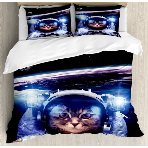 Cat Duvet Cover Set King Size, Funny Astronaut Cat above Earth in Outer Space Explorer Kitty Mission Humor Art Image, Decorative 3 Piece Bedding Set with 2 Pillow Shams, Blue White, by Ambesonne