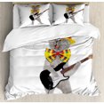 thumbnail image 1 of Cat Duvet Cover Set King Size, Hipster Musician Kitty Playing Guitar Singing with Fun Hat Party Birthday Humor Picture, Decorative 3 Piece Bedding Set with 2 Pillow Shams, Multicolor, by Ambesonne, 1 of 3