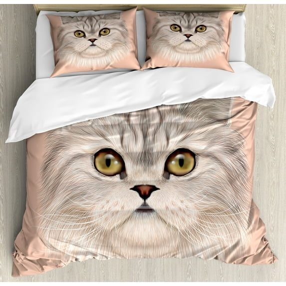 Cat Duvet Cover Set, Kitty Portrait Whiskers Best Pet Animal I Love My Feline Themed Art, Decorative 3 Piece Bedding Set with 2 Pillow Shams, Calking Size, Beige Cream Peach, by Ambesonne