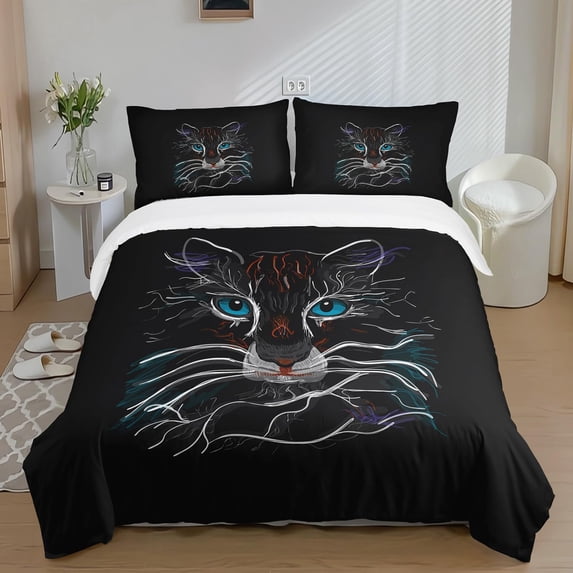 Cat Duvet Cover Set, Line Cat Printed Kids Bedding Set for Room Decor,3 Pieces Black Cat Comforter Cover and 2 Pillowcases