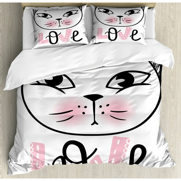 Cat Duvet Cover Set, Love Typography with an Outline Drawing of a Kitten Portrait Print, Decorative 3 Piece Bedding Set with 2 Pillow Shams, King Size, Pale Pink Dark Grey, by Ambesonne