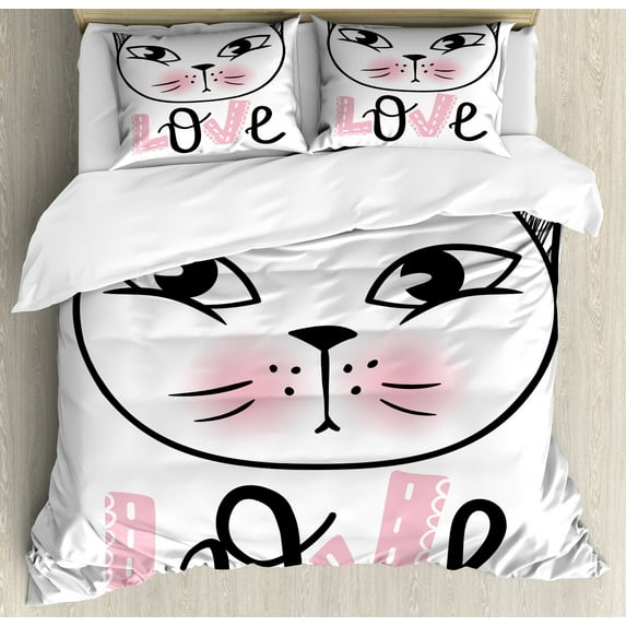 Cat Duvet Cover Set, Love Typography with an Outline Drawing of a Kitten Portrait Print, Decorative 3 Piece Bedding Set with 2 Pillow Shams, King Size, Pale Pink Dark Grey, by Ambesonne