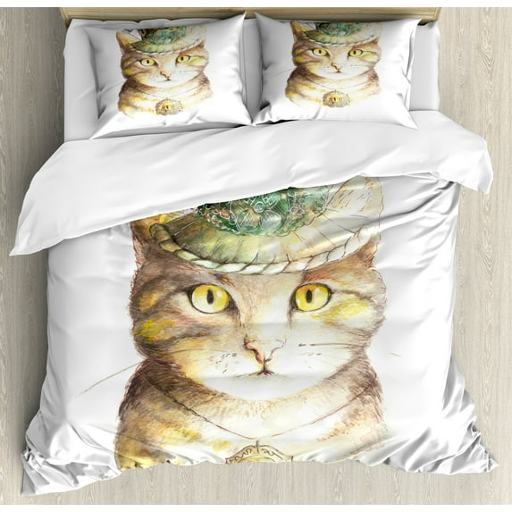 Cat Duvet Cover Set, Pet Hat and Occult Eye Collar Grunge Celtic Trick Theme Print, Decorative 3 Piece Bedding Set with 2 Pillow Shams, Queen Size, Yellow and Grey, by Ambesonne