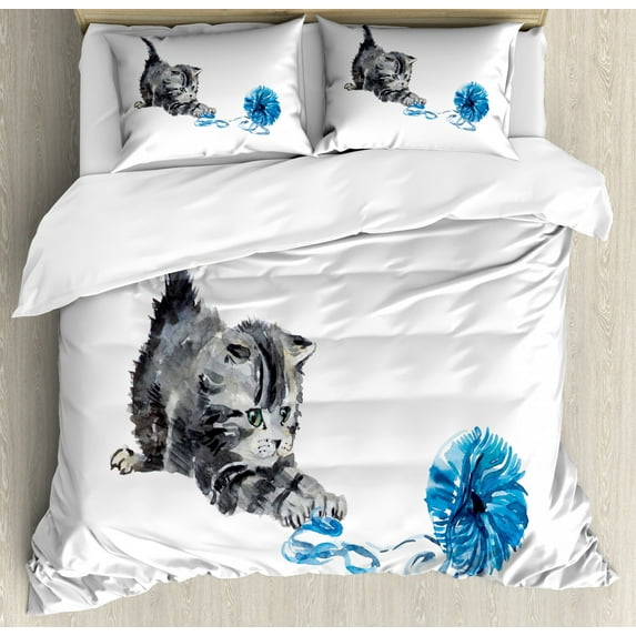 Cat Duvet Cover Set, Playful Kitten with Ball of Yarn Furry Animal Domestic Feline Pets Art, Decorative 3 Piece Bedding Set with 2 Pillow Shams, King Size, Grey Blue, by Ambesonne