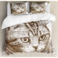 thumbnail image 1 of Cat Duvet Cover Set, Portrait of a Kitty Domestic Animal Hipster Best Company Fluffy Pet Graphic Art, Decorative 3 Piece Bedding Set with 2 Pillow Shams, Queen Size, Green Brown White, by Ambesonne, 1 of 3