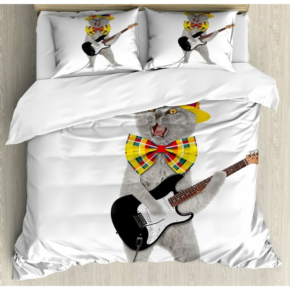 Cat Duvet Cover Set Queen Size, Hipster Musician Kitty Playing Guitar Singing with Fun Hat Party Birthday Humor Picture, Decorative 3 Piece Bedding Set with 2 Pillow Shams, Multicolor, by Ambesonne