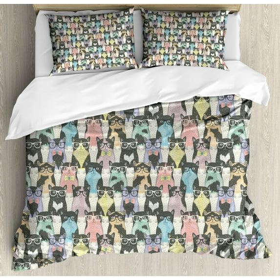 Cat Duvet Cover Set Queen Size, Pattern with Hipster Playful Feline Characters with Glasses and Bowties Vintage Style, Decorative 3 Piece Bedding Set with 2 Pillow Shams, Multicolor, by Ambesonne