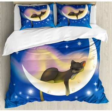 Cat Duvet Cover Set Queen Size, Cat Sleeping on Crescent Moon Stars Night Sweet Dreams Themed Kids Nursery Design, Decorative 3 Piece Bedding Set with 2 Pillow Shams, Blue Yellow, by Ambesonne