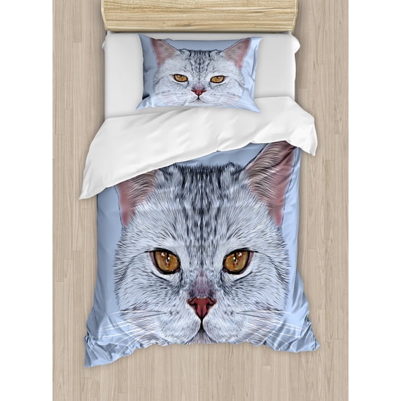 Cat Duvet Cover Set, Scottish Straight Kitty Portrait Pet Companion Hipster Animal Graphic, Decorative 2 Piece Bedding Set with 1 Pillow Shams, Twin Size, Pale Blue Pale Grey, by Ambesonne