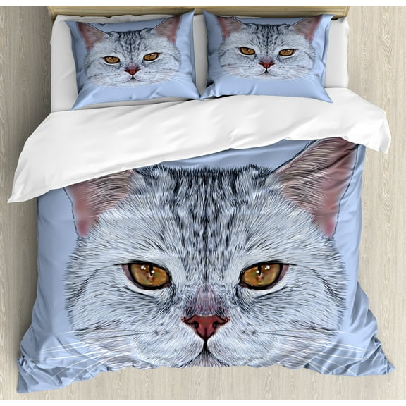 Cat Duvet Cover Set, Scottish Straight Kitty Portrait Pet Companion Hipster Animal Graphic, Decorative 3 Piece Bedding Set with 2 Pillow Shams, Queen Size, Pale Blue Pale Grey, by Ambesonne