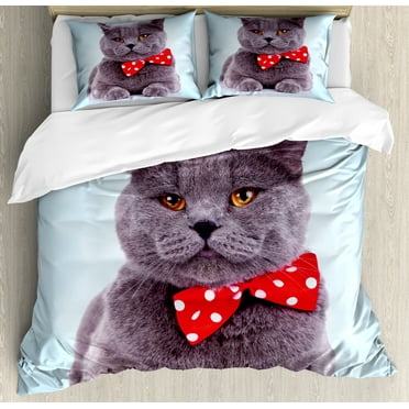 Cat Duvet Cover Set, Tuxedo Grey Scottish Fold Theme White Polka Dots Tie Bow Funny Illustration, Decorative 3 Piece Bedding Set with 2 Pillow Shams, Calking Size, Pale Blue Purpleblue, by Ambesonne