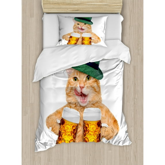 Cat Duvet Cover Set Twin Size, Cool Cat with Hat and Beer Mugs Bavarian German Drink Festival Tradition Funny Humorous, Decorative 2 Piece Bedding Set with 1 Pillow Sham, Multicolor, by Ambesonne