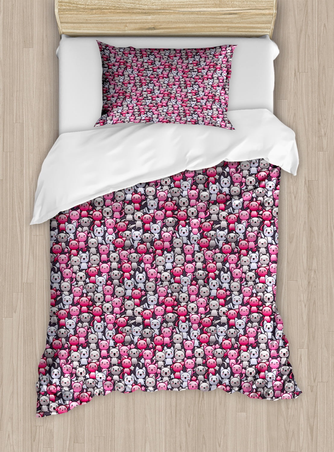 Twin Pink and Tan Kawaii Cat Duvet Cover Set