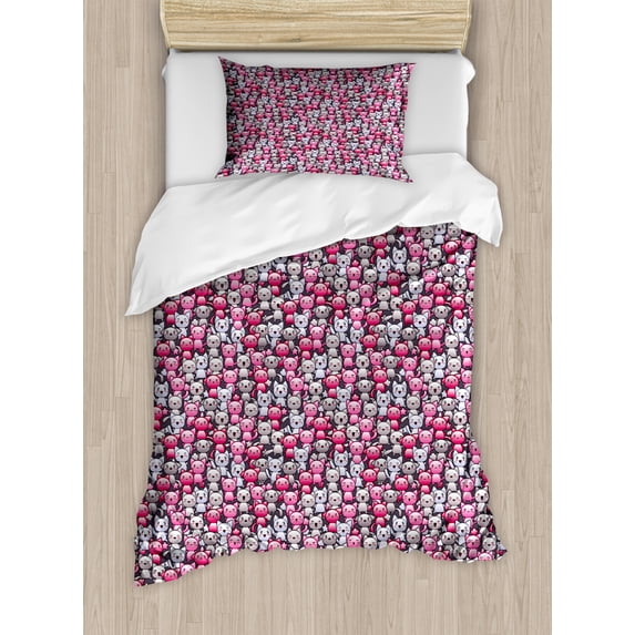 Cat Duvet Cover Set Twin Size, Cute Kawaii Doodle Cats Pattern Smiling Winking Cheering Mascots Humorous Funny, Decorative 2 Piece Bedding Set with 1 Pillow Sham, Pink Tan Lilac, by Ambesonne