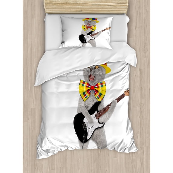 Cat Duvet Cover Set Twin Size, Hipster Musician Kitty Playing Guitar Singing with Fun Hat Party Birthday Humor Picture, Decorative 2 Piece Bedding Set with 1 Pillow Sham, Multicolor, by Ambesonne