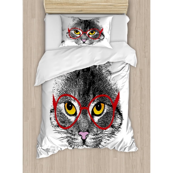 Cat Duvet Cover Set, Wise Nerd Pet Glasses Judging the World Humor Digital Style Art Illustration, Decorative 2 Piece Bedding Set with 1 Pillow Shams, Twin Size, Black White Red, by Ambesonne