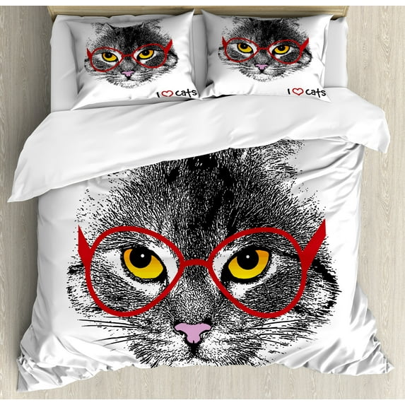 Cat Duvet Cover Set, Wise Nerd Pet Glasses Judging the World Humor Digital Style Art Illustration, Decorative 3 Piece Bedding Set with 2 Pillow Shams, King Size, Black White Red, by Ambesonne