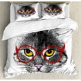 thumbnail image 1 of Cat Duvet Cover Set, Wise Nerd Pet Glasses Judging the World Humor Digital Style Art Illustration, Decorative 3 Piece Bedding Set with 2 Pillow Shams, Queen Size, Black White Red, by Ambesonne, 1 of 3
