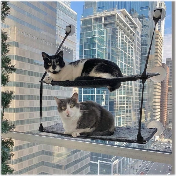 EZ Mount Double Stack Cat Window Perch For Large Cats Sturdy Window Hammock Bed Steel Frame Sturdy Suction Cups 2 Washable Shelf Covers Foldable Fits 27W X 31H Glass Spaces