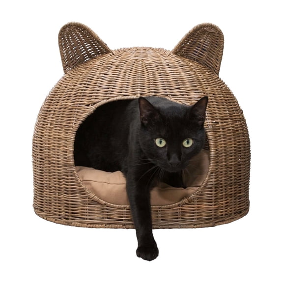 THE LICKER STORE Cat Ear 20" x 14.5" Coastal Handwoven Rattan Pet Bed with Machine-Washable Cushion, Natural, CBD1000A