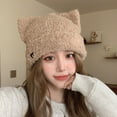 thumbnail image 1 of Cat Ear Beanie Crochet Hats for Women Knitted Stylish Beanies (Khaki One Size), 1 of 3