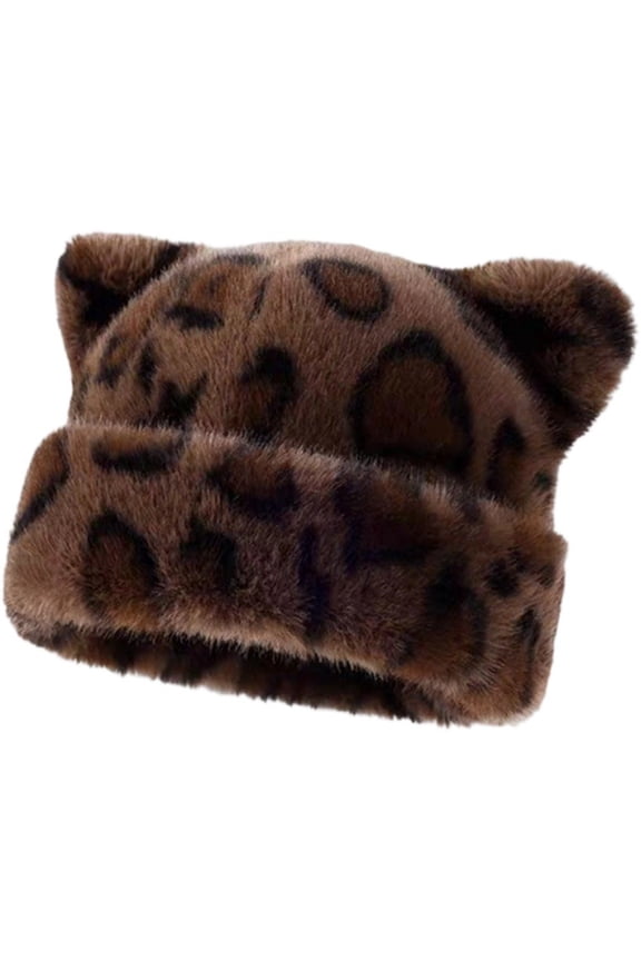 Cat Ear Beanie For Women Fisherman Hat Ladies Bucket Hats Autumn Winter Fluffy Leopard Cap Hip Hop Beanie Hat Cat Ski Cap Ear Protection Hat