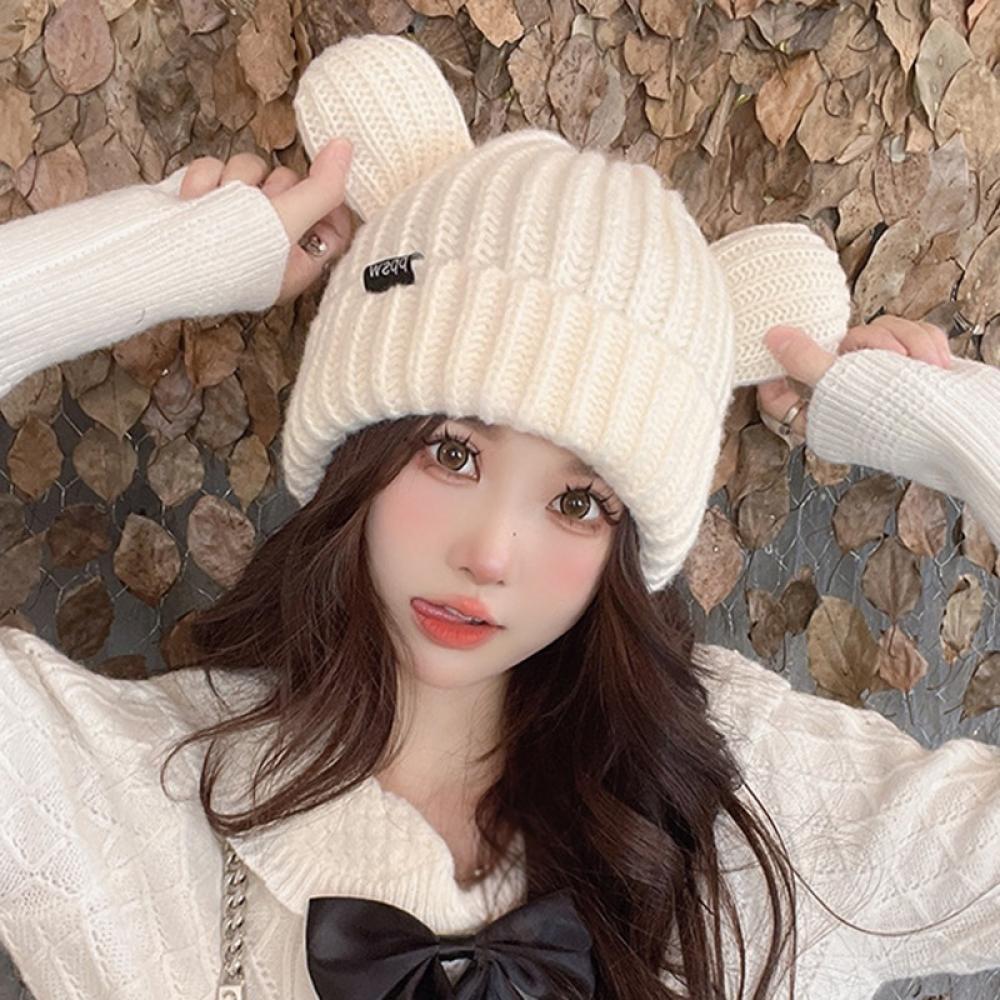 Cat Ear Beanie Hat Cute Cat Knitted Hat Winter Knit Cable Hat for Women