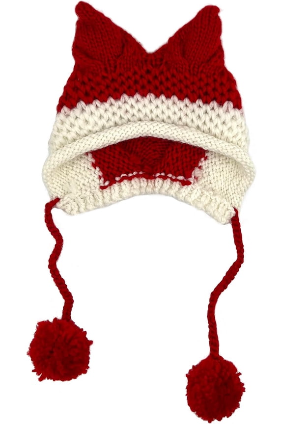 Cat Ear Beanie with Ear Flap Pompom Cute Fox Ears Hat Y2k Gothic Handmade Crochet Beanie for Women Teen Girls Snow Winter