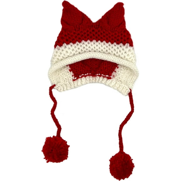 Cat Ear Beanie with Ear Flap Pompom Cute Fox Ears Hat Y2k Gothic Handmade Crochet Beanie for Women Teen Girls Snow Winter
