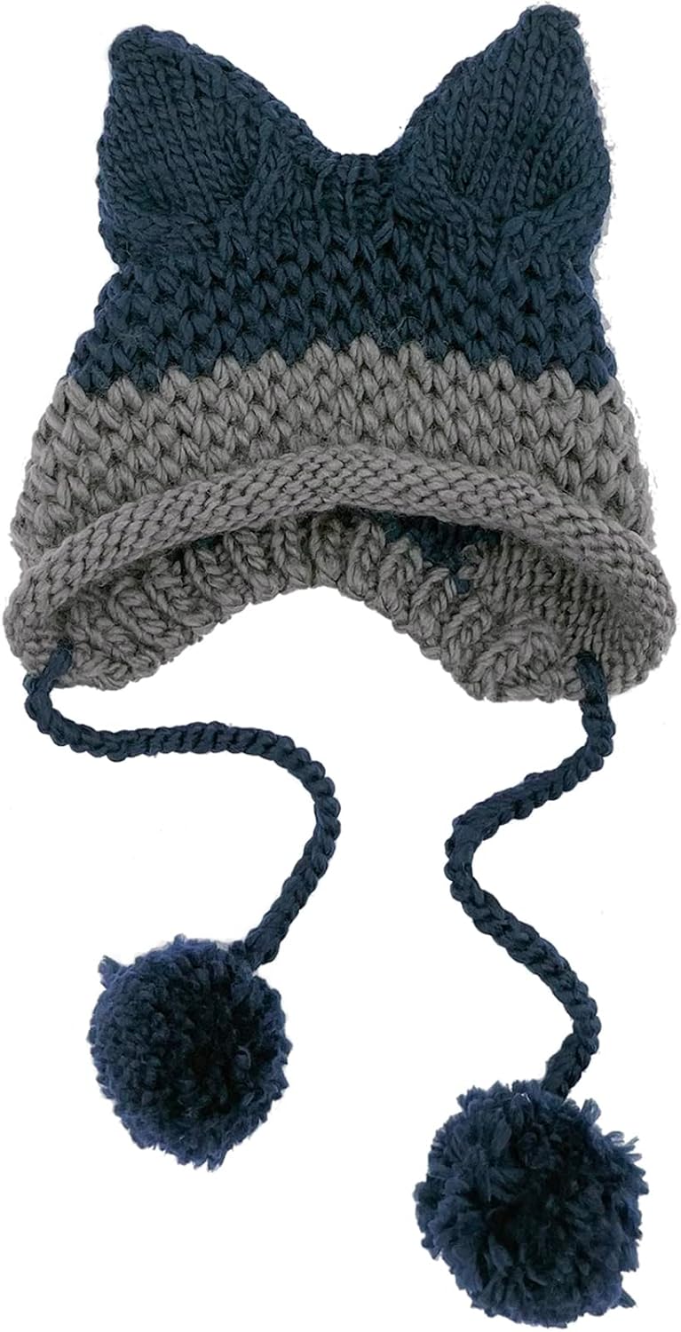Cat Ear Beanie with Ear Flap Pompom Y2K Gothic Handmade Crochet Beanie for Women WTXUE Beanie, Women Cat Ear Hat with Pom Poms Star  main image 2