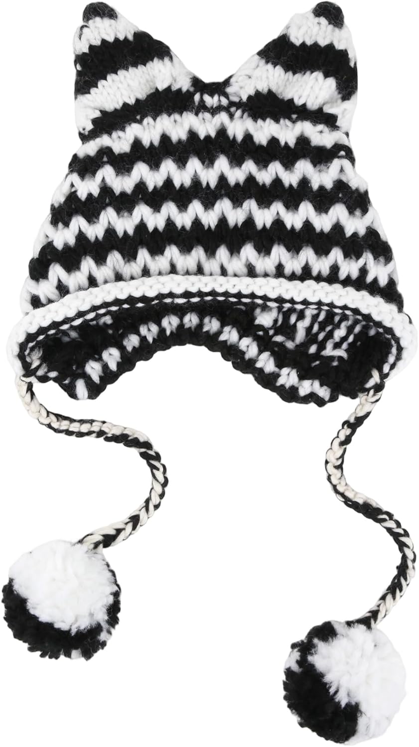 Cat Ear Beanie with Ear Flap Pompom Y2K Gothic Handmade Crochet Beanie for Women WTXUE Beanie, Women Cat Ear Hat with Pom Poms Star  main image 4