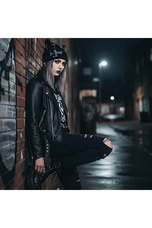 Cat Ear Beanie with Punk Chain & Bat Charm, Black Bat Wing Hat for Women for Streetwear Home Outdoor Winter (1, pcs,K)