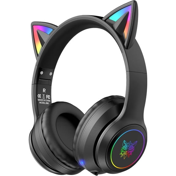 Cat Ear Bluetooth Headphones for Kids & Adults, 55H Play Time, Wireless Foldable & Wired Multi-Function LED Light Up Over Ear Headphones with Mic and Volume Control for iPhone/iPad/Laptop/PC