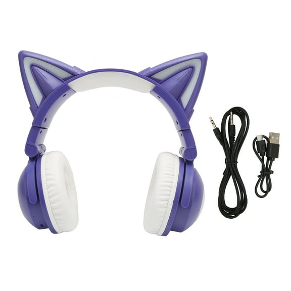Cat Ear Bluetooth Headset Stereo Cute High Sensitivity Built in Mic Adjustable LED Kids Headset with 3.5mm Cable Purple