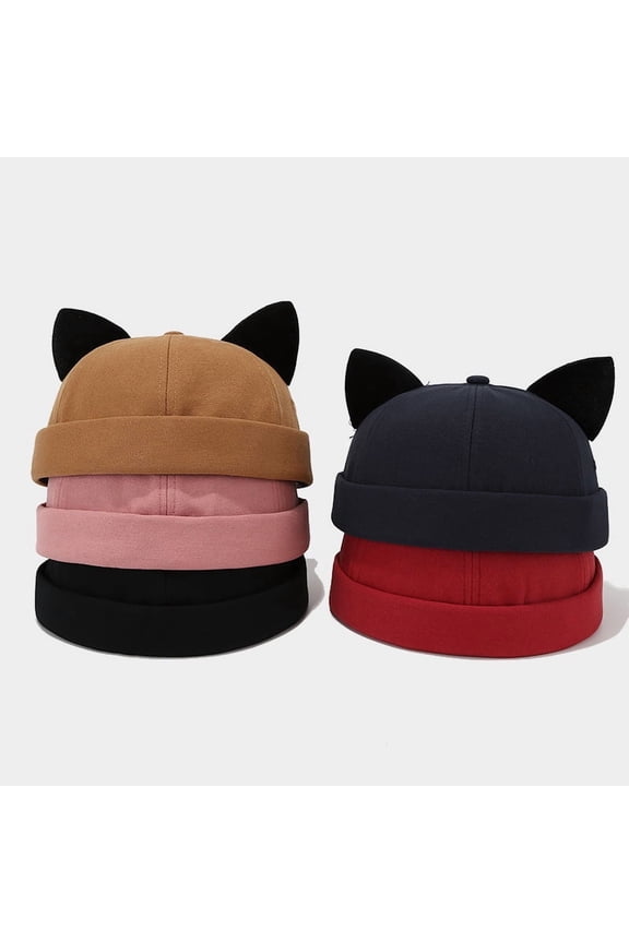Cat Ear Docker Cap Brimless Hats Beanie for Women Men Skull Cap Worker Sailor Cap Rolled Cuff Retro Docker Hat