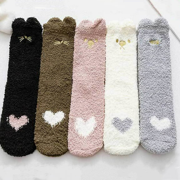 Cat Ear Fleece Mid-Calf Socks - Plush Sleep Socks for Fall/Winter (One Size, 5 Pairs)