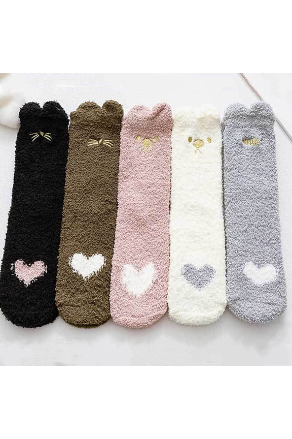 Cat Ear Fleece Mid-Calf Socks - Plush Sleep Socks for Fall/Winter (One Size, 5 Pairs)