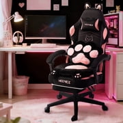 Gaming Chair with Paw Cushion   Ergonomic Reclining PC Chair with Footrest, Black & Pink, 300lbs Capacity