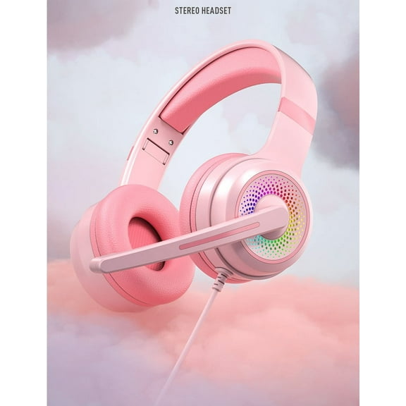 Gaming Cute Headset, Wired Over-Ear Headphones , Surround Sound, LED Backlight for PS4, PS5, Xbox One(No Adapter), PC, Mobile Phone 3.5mm(Light Pink)
