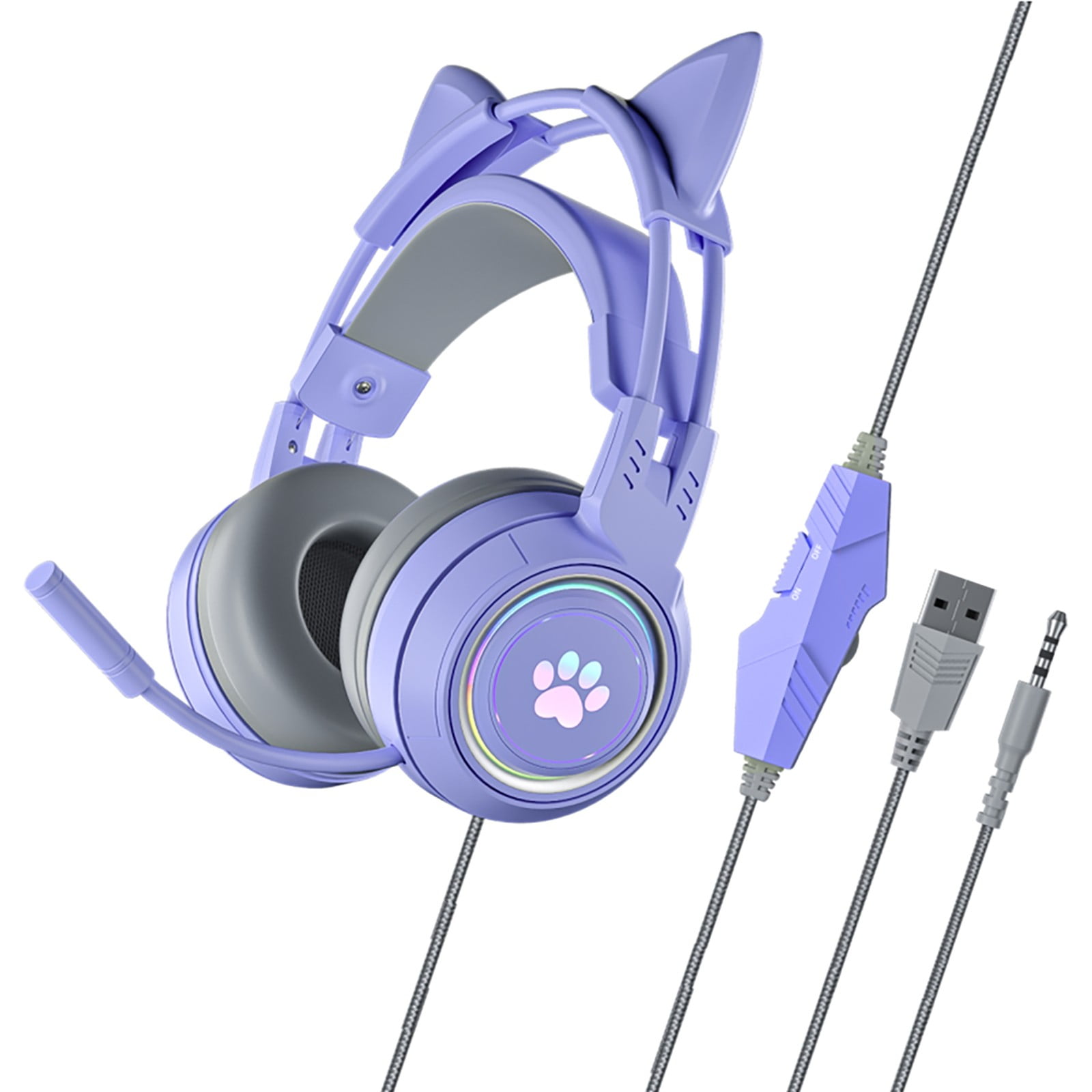 Cat Ear Gaming Headset Purple, 3.5mm Mic Noise Cancelling And Audio Control Headphones