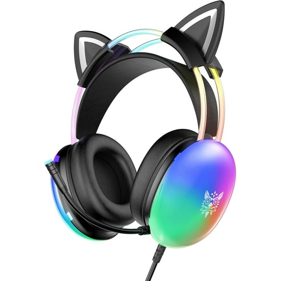 Cat Ear Gaming Headset with Mic, RGB Rainbow Lighting, Surround Sound, 3.5mm Wired Over-Ear Headphones for PC, Lightweight & Adjustable Headband
