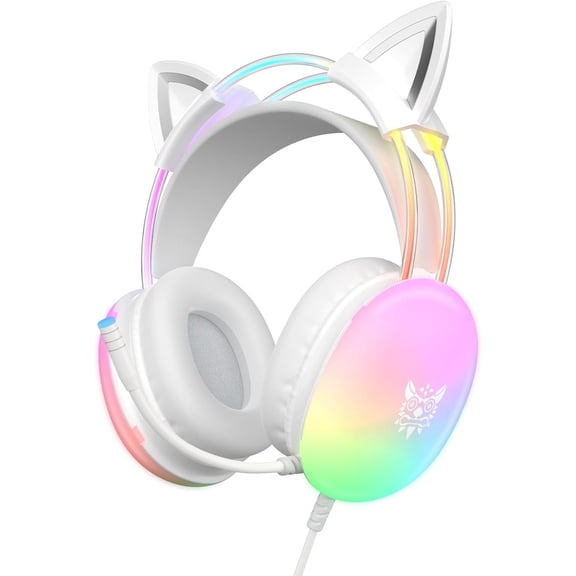 Cat Ear Gaming Headset with Mic, RGB Rainbow Lighting, Surround Sound, 3.5mm Wired Over-Ear Headphones for PC, Lightweight & Adjustable Headband