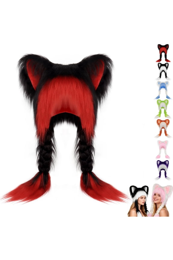 Cat Ear Hat with Braids, Cute Plush Animal Ear Hat with Ponytails, Soft Winter Warm Hat for Women, Fun Cosplay Accessory and Daily Wear Hat Red