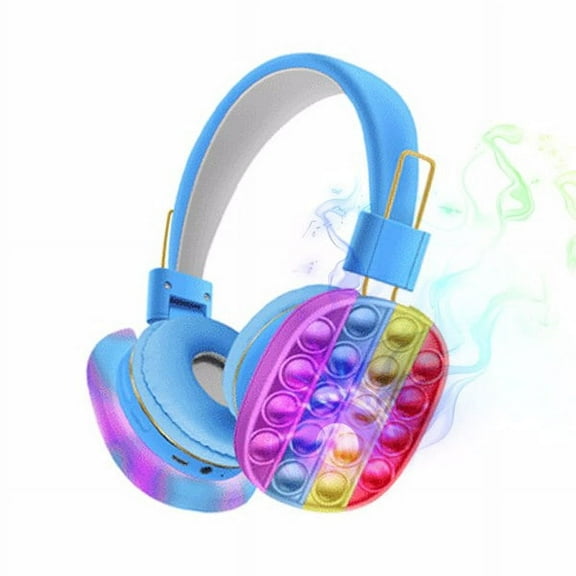 Cat Ear Headphones Kids Toy Headset, Wireless Bluetooth Headphone Pop Bubble On-Ear Headphone Fidget Toy Rainbow Color Fidget Headset for Children Adults (Blue-Lighted)