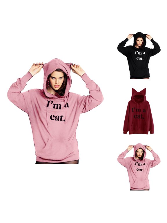 Cat Ear Hoodie Women Long Sleeve Fall Winter Pullover Tops with Pockets Drawstring Hooded Sweatshirt
